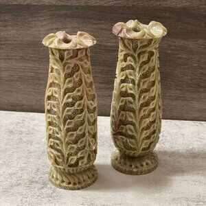 Vintage Pier 1 Carved Green Pink Floral Soapstone Columnar Vases Set of Two 6"